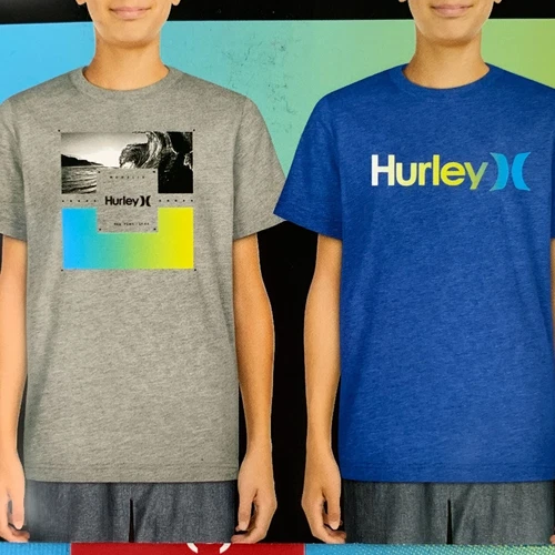 Hurley Boy's M 8 Tee 2-Pk Graphic Crew Neck Short Sleeve T-Shirts Blue Gray