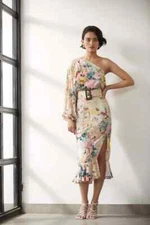 NEW NWT $396 HEMANT & NANDITA one shoulder pastel floral midi dress w/belt sz L