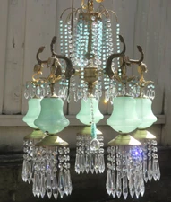 5 Lt Vintage Serpent fish Brass Bronze Opaline JADE Murano glass Chandelier lamp