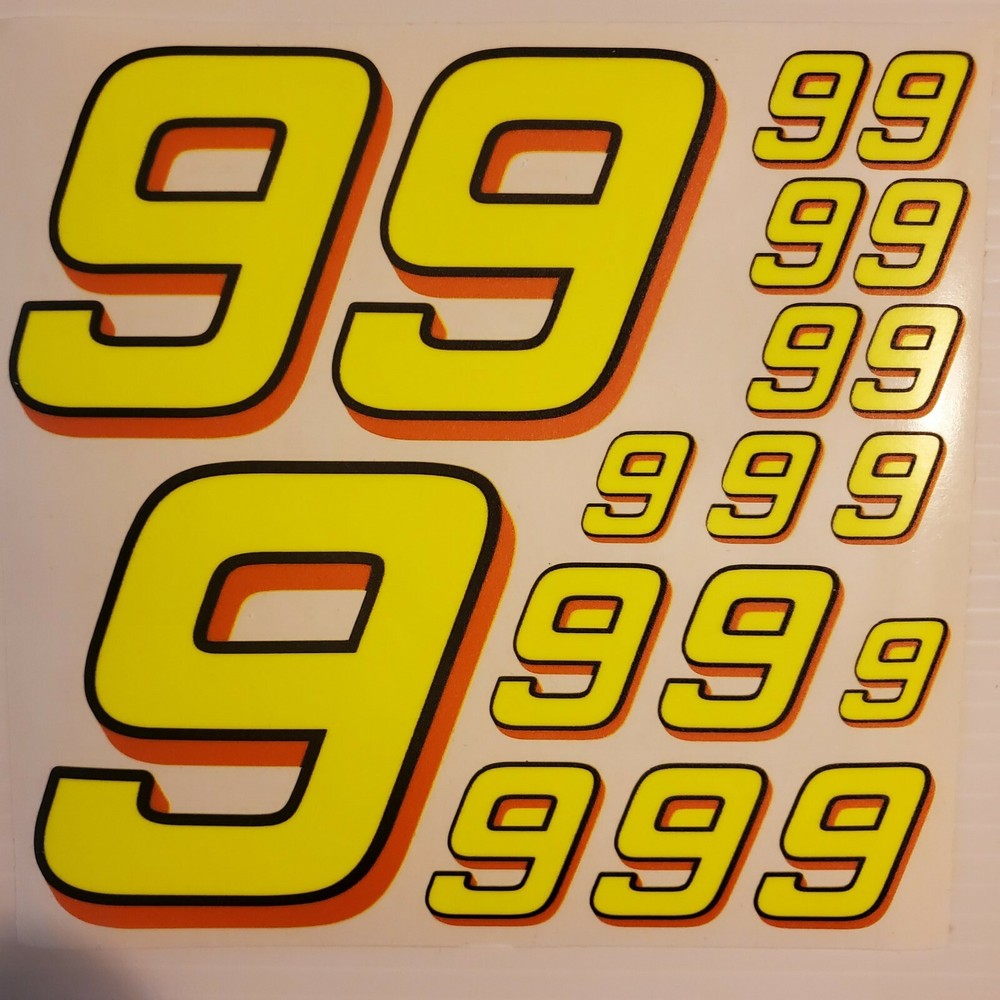 #9's Flourescent Yellow w/bl.-Orange Racing Numbers Vinyl Decal Sheet 1/10-1/12