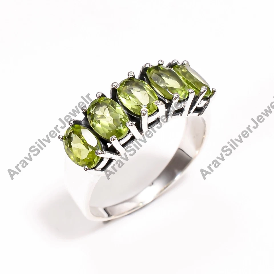 Five Green Peridot Cut Stone Ring 925 Sterling Silver Handmade Statement Ring - Image 3 of 4