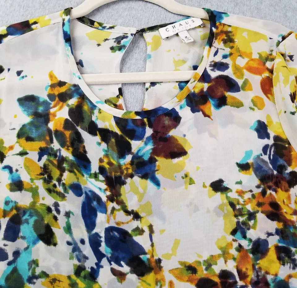 CHAUS 纽约上衣女式中号抽象透明艺术春季短袖雪纺 — 第 2/4 张图片