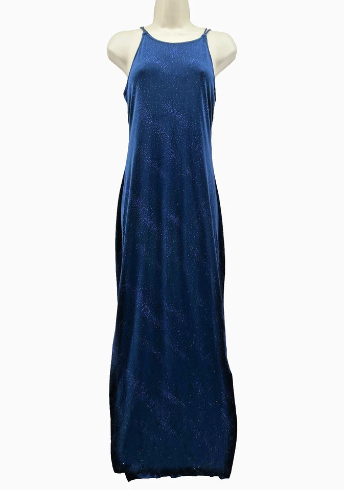 Y2K Formal Dress Size M Velvet Navy Blue Sparkle Slinky Low Back Strappy Cutout - Image 2 of 4
