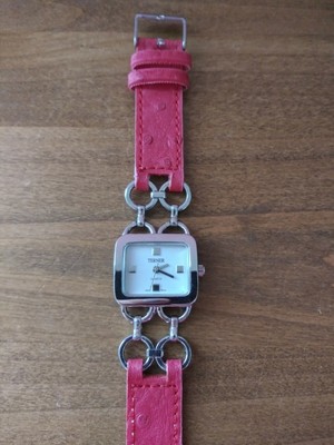 Bijoux Terner Watch Silver Tone Links & Red Leather Tested & Works!