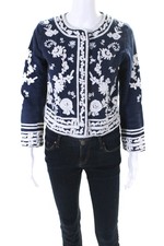 Parker Women's Round Neck Long Sleeves Embroidered Full Zip Jacket Blue Size Xs