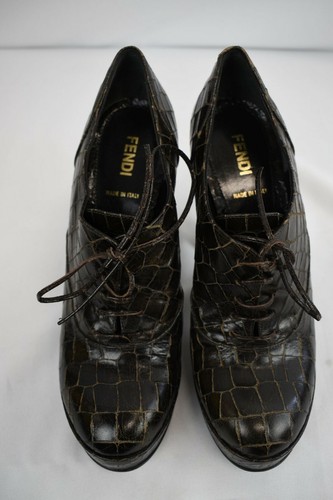 NEW FENDI Oxford Platform Crocodile Embossed Leather 39 8.5 Brown Shoes - Picture 2 of 9