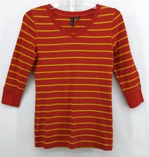 Cynthia Rowley Knit Shirt Top Womens Size M 3/4 Sleeve Orange Stipe Cotton Modal