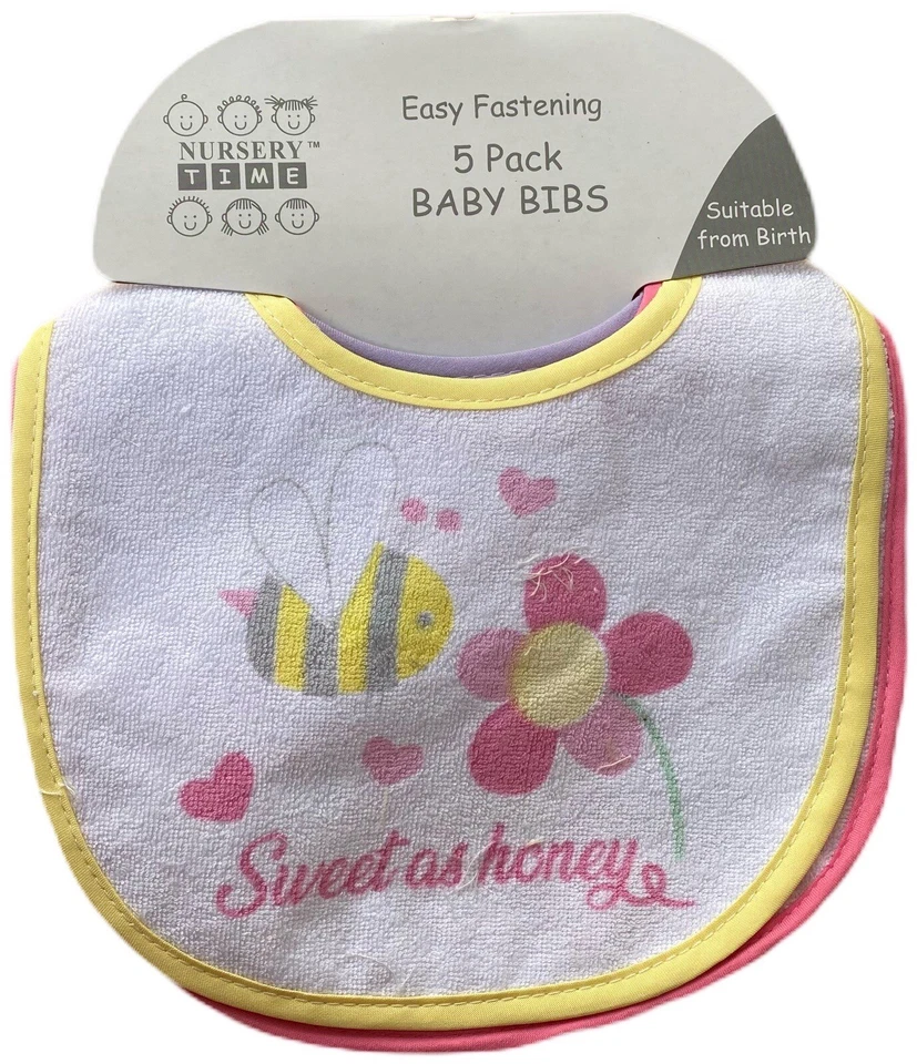 Baby Girl Bibs 5 Pieces PEVA backed Feeding Dribble Pretty Pictures Nursery Time