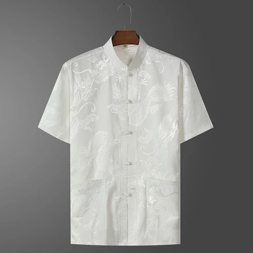 Men's Silk Satin Tang Shirt Tops Dragon Print Short Sleeve Chinese T-shirt Pants - Picture 14 of 16