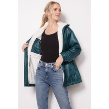 Monrow Reversible Sherpa Lining Zip Up Winter Jacket In Deep Forest L