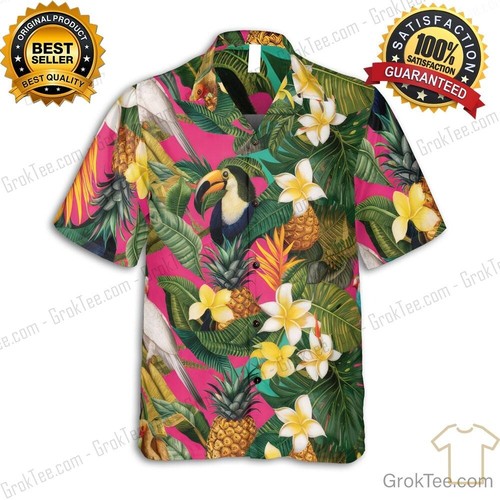 Floral Bird & Pineapple Print Hawaiian Shirt – Unisex Pink Tropical Party Shirt