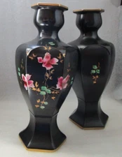 Pr 🌹 Vtg Blythe Matte Black ENGLAND Vases Pink Roses Gold Accents Art Deco Era