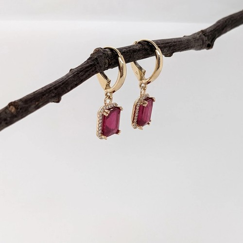 14k Solid Yellow Gold Dangly Pigeon Blood Natural Red Ruby Drop Earring For Her - Picture 6 of 14