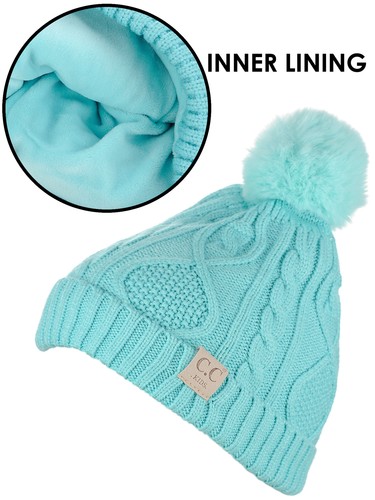 C.C Kids' Cable Knit Soft Single or Double Pom Fuzzy Lined Cuff CC Beanie - Picture 70 of 87