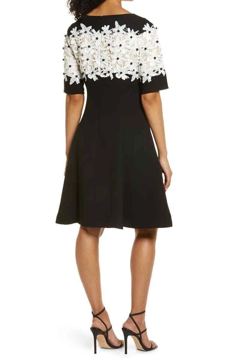 New Shani Beaded Floral Lace Applique A-Line Crepe Dress Black White 12 $432
