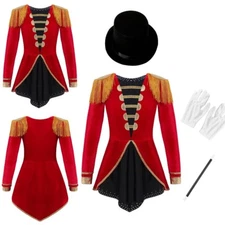 Kids Girls Ringmaster Circus Gloves Dress Up With Hat Leotard Tassel Costume