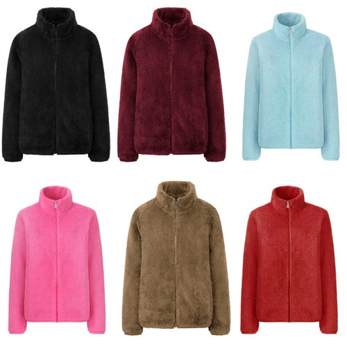 Damen Revers Mantel Vlies Unscharf Jacke Kunst Sherpa Warm Winter Zip Thermal DE - Bild 2 von 30