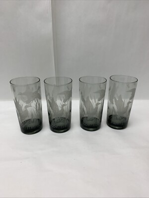 Vintage Smoky Gray Etched Mallard Ducks birds Barware Water Tumblers Set 4