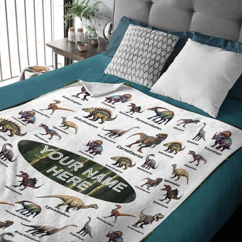 Personalized Dinosaur Blanket Sherpa Throw Custom Name Text Boy Christmas Gifts - Picture 9 of 10