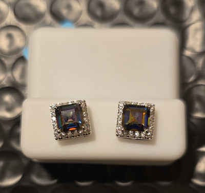 Sterling Silber Mystic Topas Quadrat Halo Ohrstecker 2,72cttw 6mm