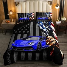 Race Car Comforter Set Size Kids Speed Sports Car American Flag Full Multi 97