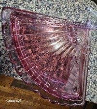 RARE Imperial Purple Glass Two Piece Fan Patterned Dish -Detailed-9.5"