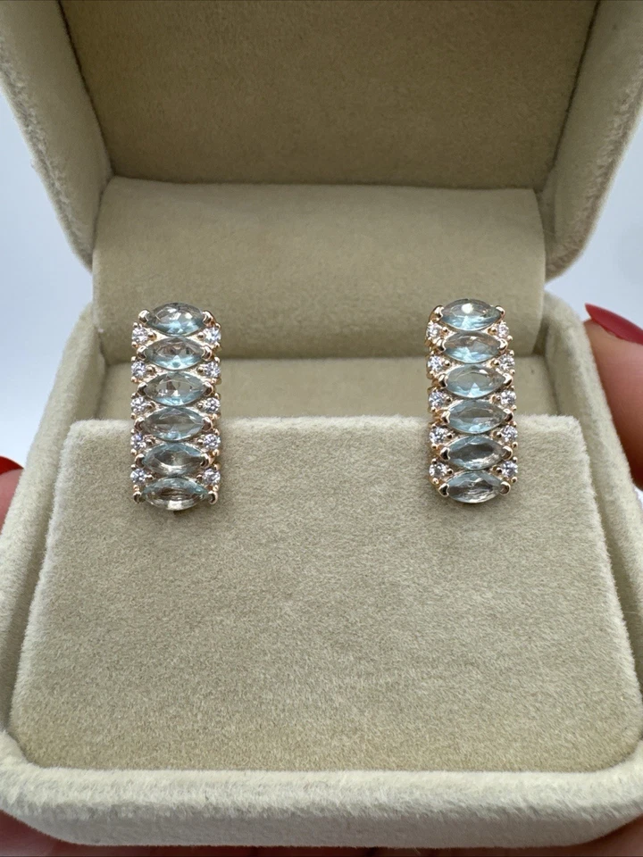 Pendientes Oro Laminado 14ct - Aguamarinas Marquesa Gemas Sello 585RG Regalo Foto 4 de 4