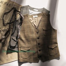 Vintage Style Mens Wool Blend Waistcoat Tweed Herringbone Slim Suit Vest Gilet