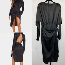 PrettyLittleThing High Slit Wrap Dress Womans 8 Black Satin Open Back Clubwear