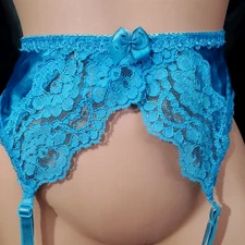 Y2K VICTORIA'S SECRET Blue Garter Belt  GLOSSY SATIN & LACE Coquette Bow SMALL