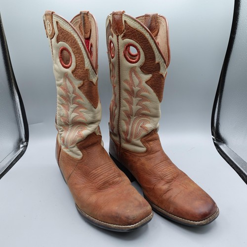Tony Lama Western Cowboy Boots Boys 2.5 D Leather Brown Cream Square Toe Roper