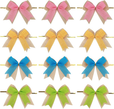 12 Pcs Easter Bows for Wreaths, 4 Inch Premade Bows in Pink Yellow Blue Green, P