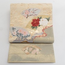Japanese Kimono Fukuro Obi Silk Background paper pattern Gold 170.1inch Women's