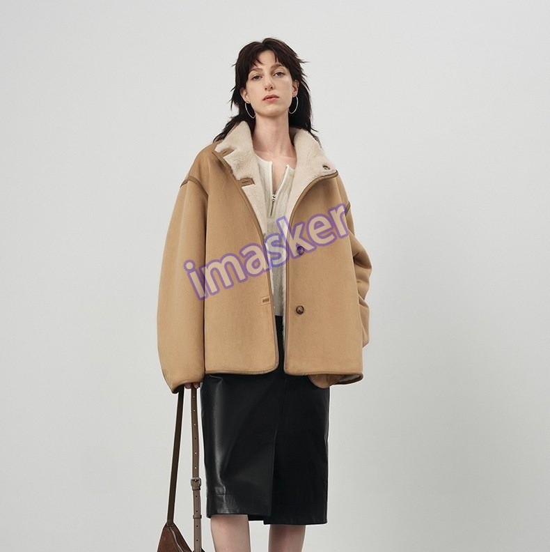 Women's Coat Lamb Wool Fur Lining Coat Leather Lapel Collar Button Warm Jackets