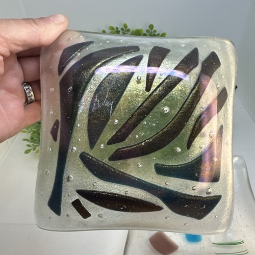 Set of 2 Kurt McVay Signed Art Glass Iridescent Bubble Square Dish 5.25" x 5.25" - Picture 8 of 18