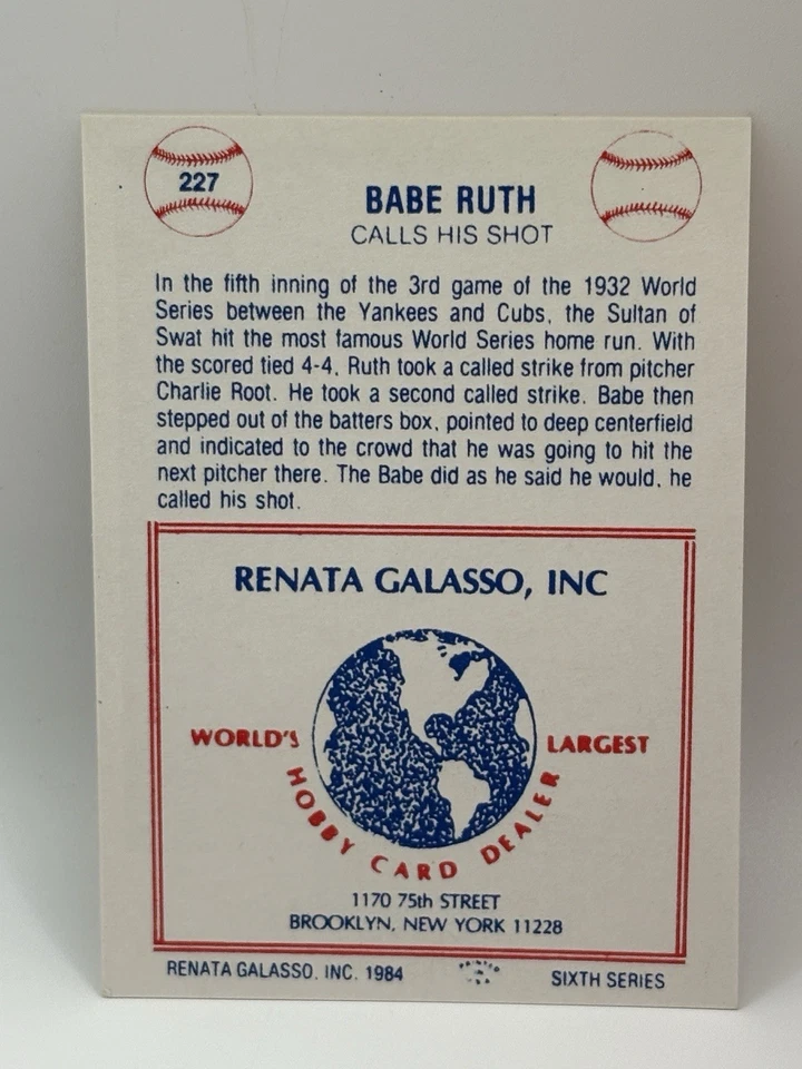 1977-84 Galasso Greats #227 Babe Ruth - Image 2 of 2