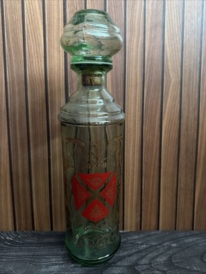 Vintage Mid Century Old Fitzgerald Bourbon Green Glass Decanter Bottle Crest