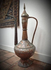Large Syrian oriental ewer / vase in hammered copper and brass 28"