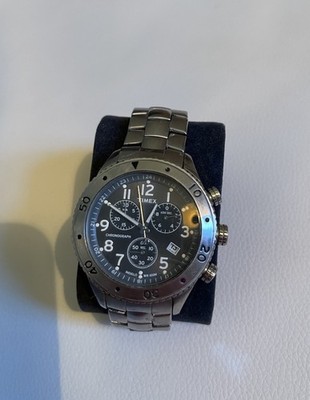 RARE Timex 1854 44mm Chronograph Men s Watch Silver Black Dial Rotating Bezel