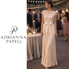 Adrianna Papell, Petite Champagne Beige Guipure Lace Belted Maxi Dress Gown 12P