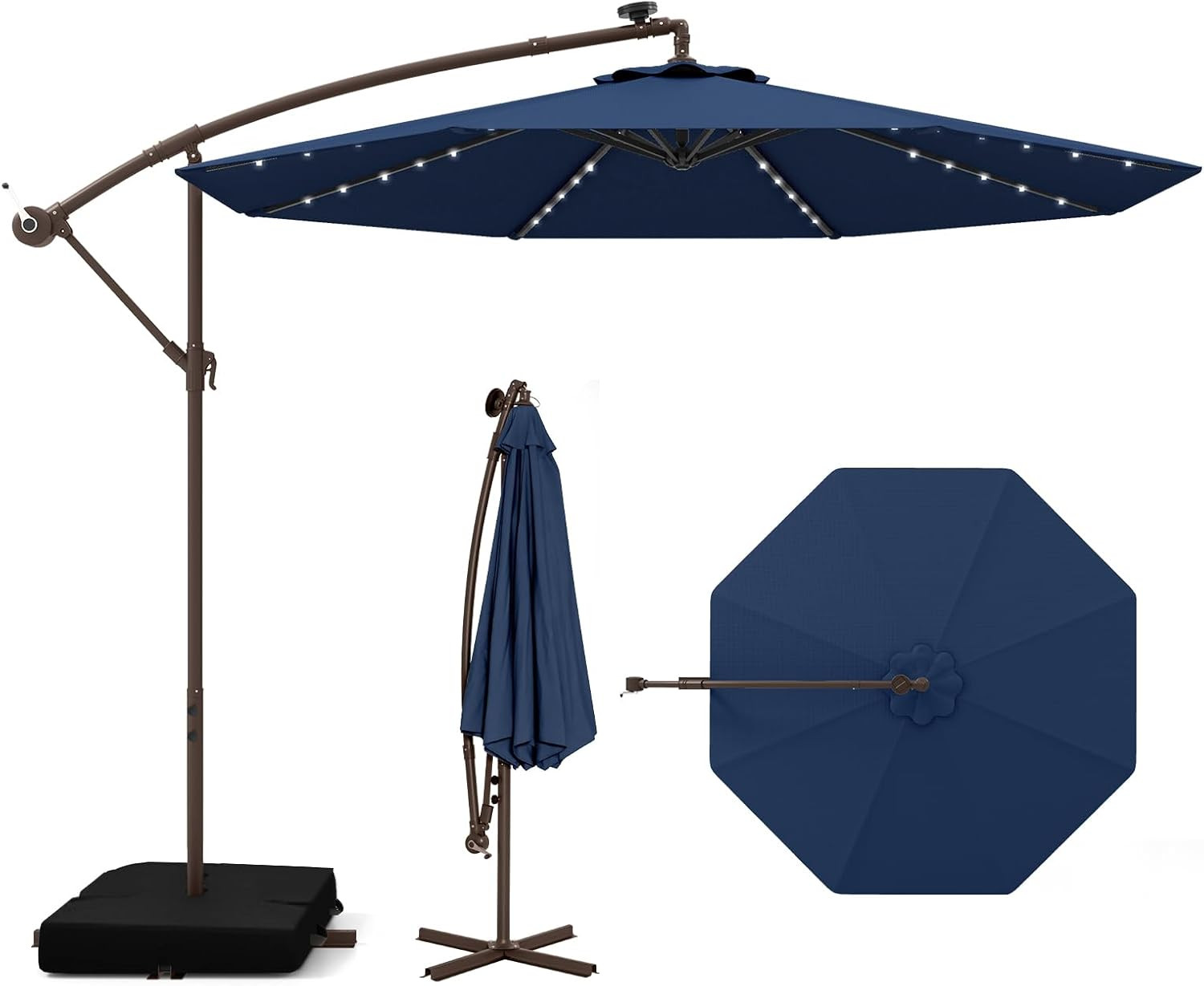 Parasol 3x3m déporté en aluminium noir et éclairage solaire LED pour terrasse