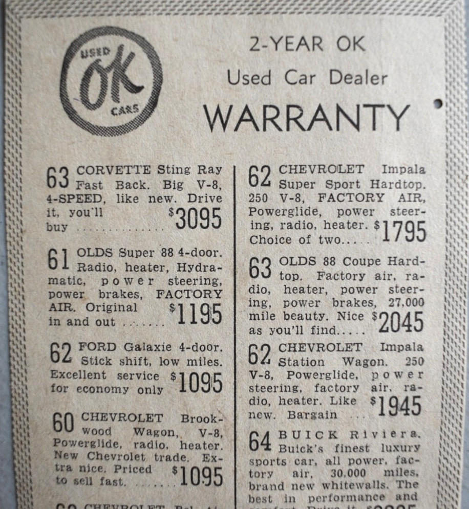 1963 Corvette Stingray Chevrolet Car Dealership 1965 Newspaper Clipping Print Ad