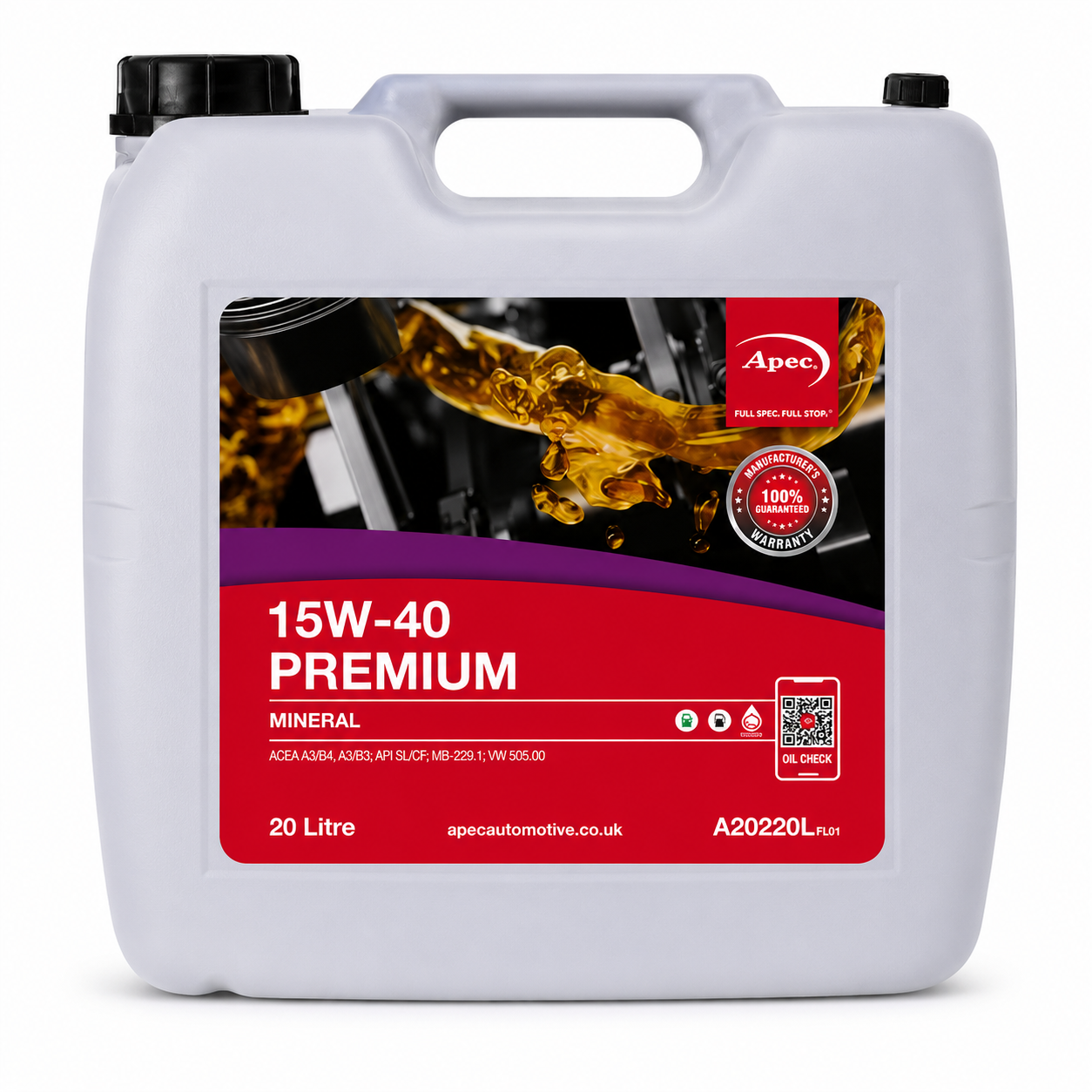 APEC 15W-40 PREMIUM Mineral Engine Oil 20L | ACEA A3/B4, A3/B3 MB-229.1