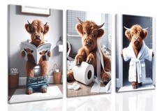 Funny Bathroom Highland Cow Wall Art Set of 3 Cute Poster 12x16 in Framed Brown