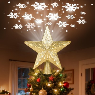 Christmas Star Tree Topper with Built-in Led Snowflake Projector Lights Hollo...