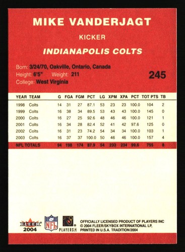 2004 Fleer Tradition #245 Mike Vanderjagt - Foto 2 di 2