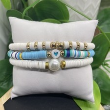 3 PC Set Heishi 7  Plus Stretch Bracelet Polymer Clay Beads Pearl B8132