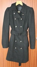 Black Wool Blend Winter Button Jacket Coat Military Belted Mid-length Uk 8