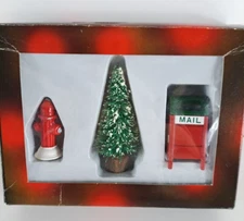 Vintage Christmas Village Metal Mailbox Ceramic Hydrant Bottle Brush Tree In Box