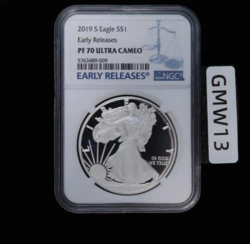2019 S PROOF SILVER EAGLE NGC PF70 ULTRA CAMEO EARLY RELEASES BLUE LABEL
